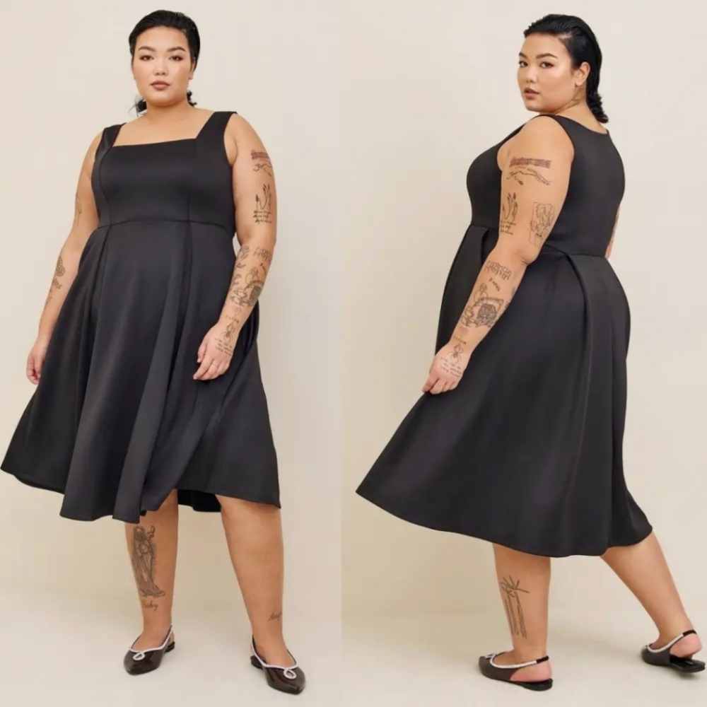 Torrid Black Midi Scuba Square Neck Skater Dress